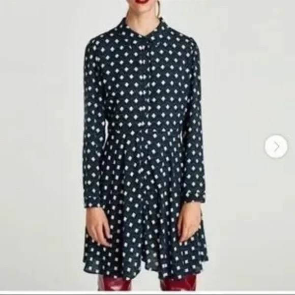 Zara Women’s Dark Blue & Green & White Geometric Print Long Sleeve Dress - Picture 4 of 10